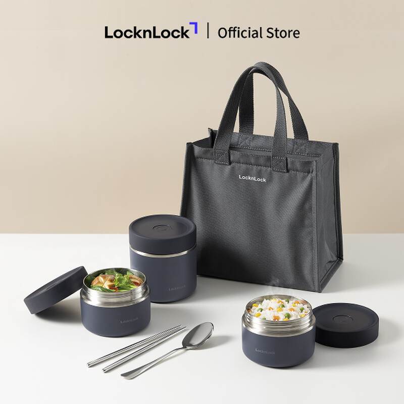 Bộ Hộp Cơm Giữ Nhiệt Locknlock Pump Vacuum Lunch Box (300Mlx2, 500Mlx1, Bộ Đũa V&agrave; Th&igrave;a, T&uacute;i) - 2 M&agrave;u (Be, Navy xanh nhạt) -  LHC8052S02 image number null